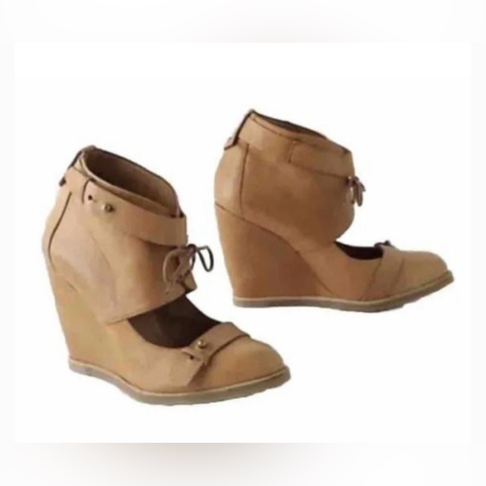 Anthropologie Lucky Penny Leather Wedges Camel Tan  Retro Sz. 39/8.5 Retail $179
